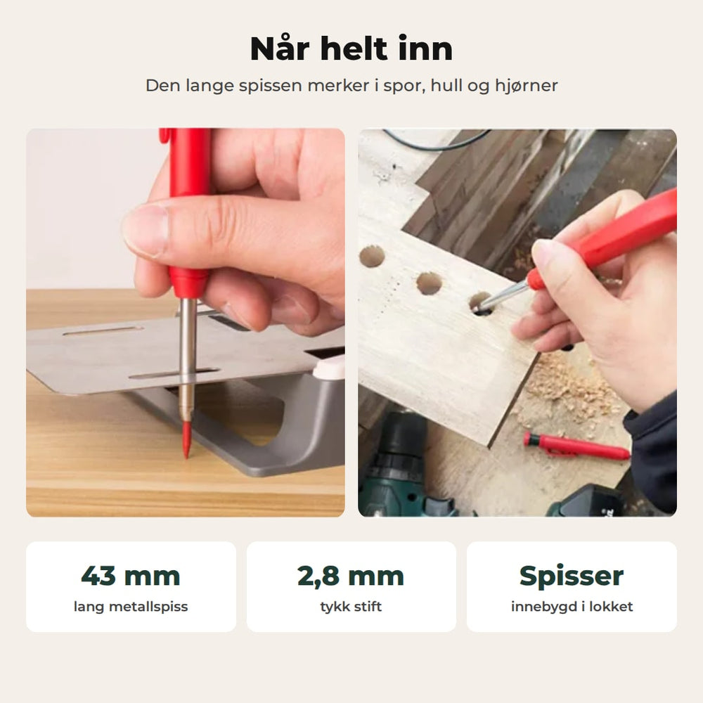 Snekkerblyanten merker gjennom et spor og ned i et borehull