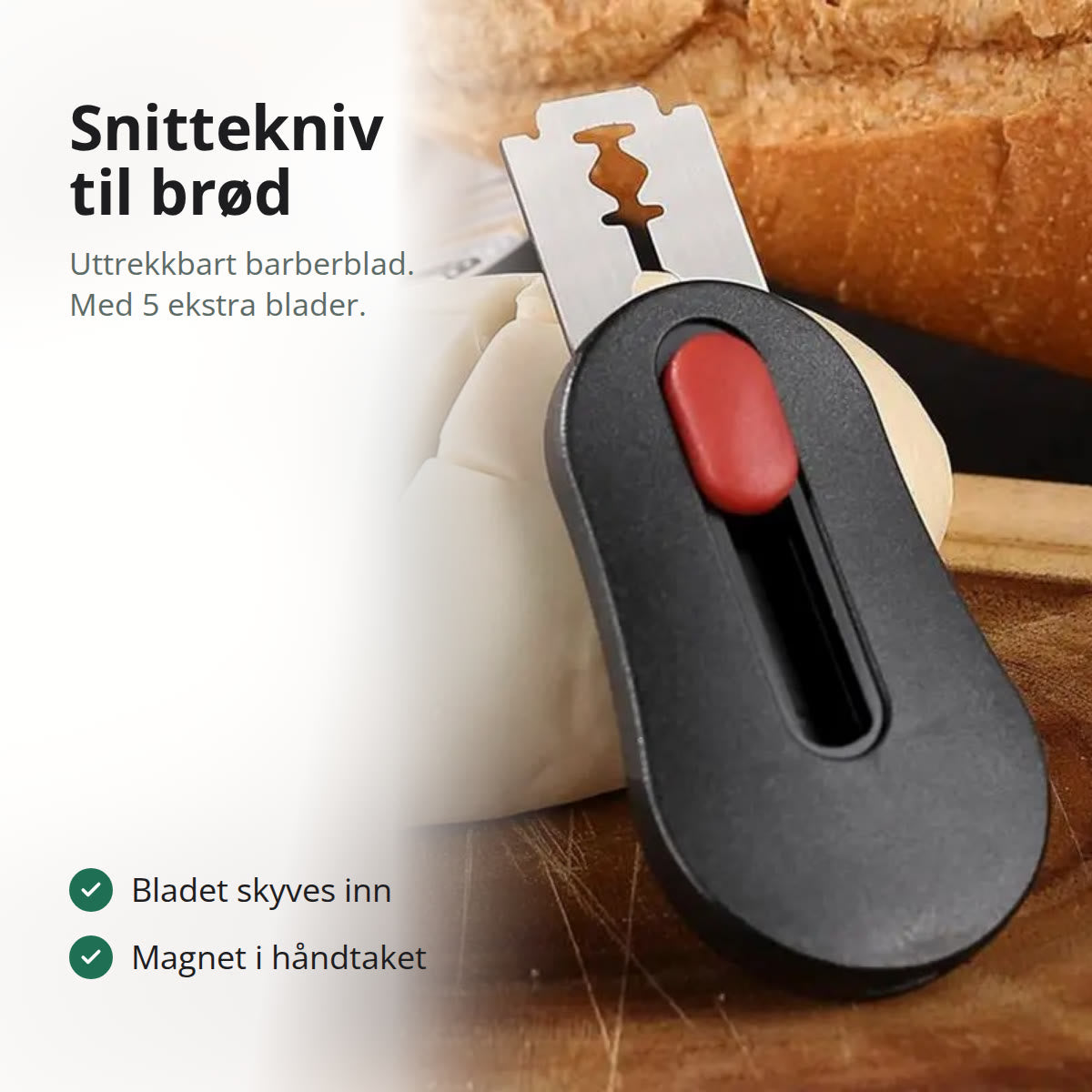 Snittekniv med uttrekkbart barberblad ved en surdeig med snitt på en trefjøl