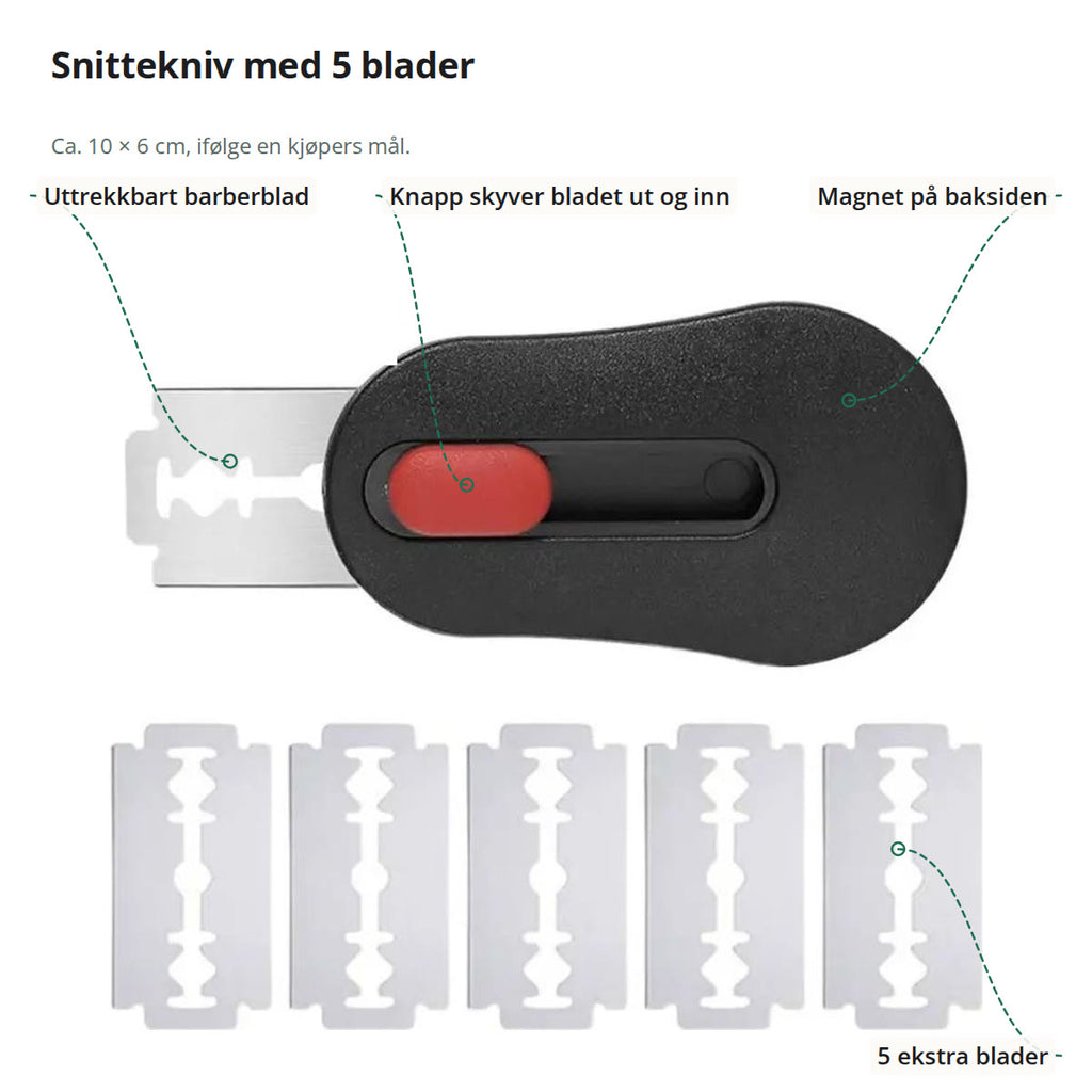Snittekniven merket med uttrekkbart barberblad, knappen som skyver bladet, magnet på baksiden og fem ekstra blader