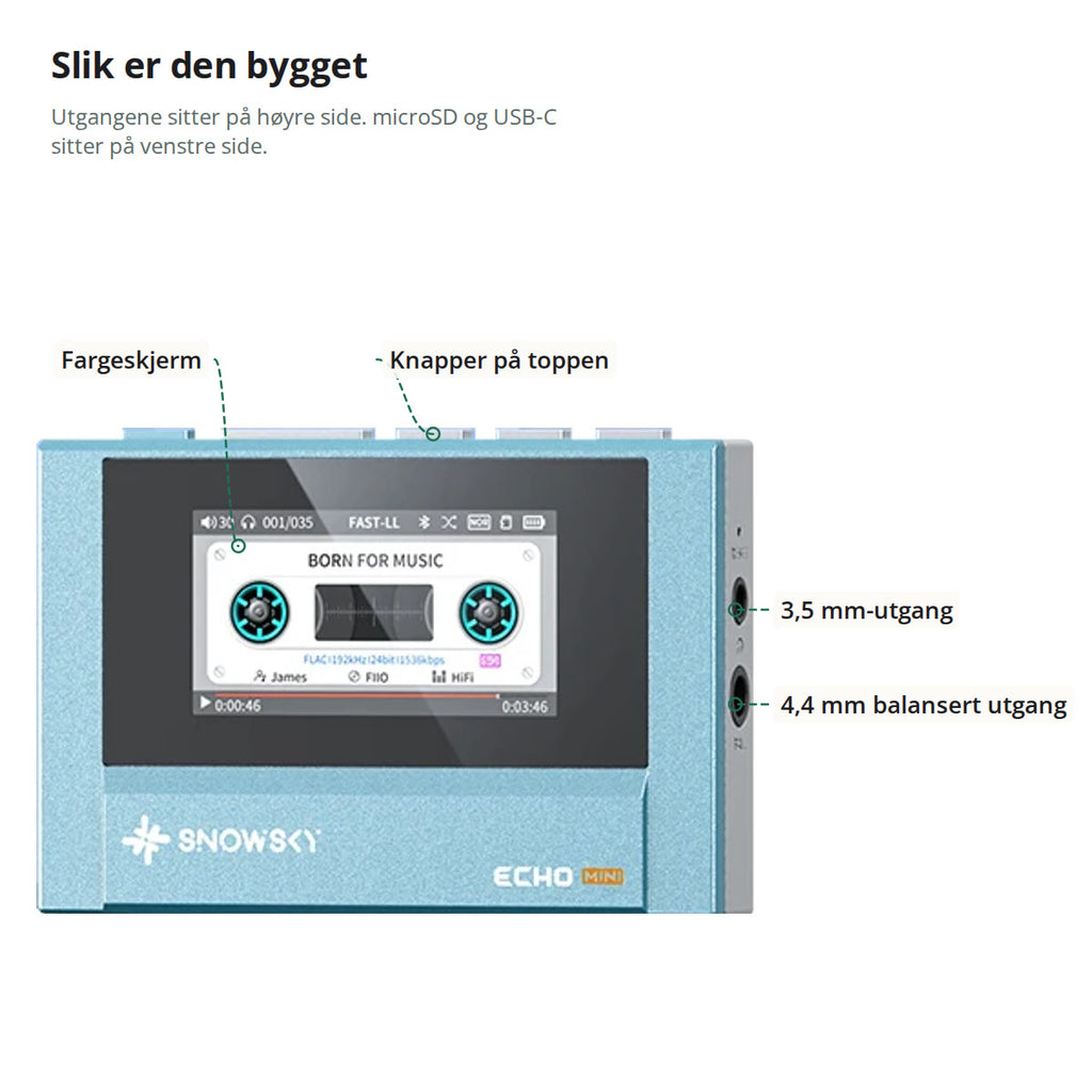 SnowSky Echo Mini i himmelblå merket med fargeskjerm, knapper på toppen, 3,5 mm-utgang og 4,4 mm balansert utgang