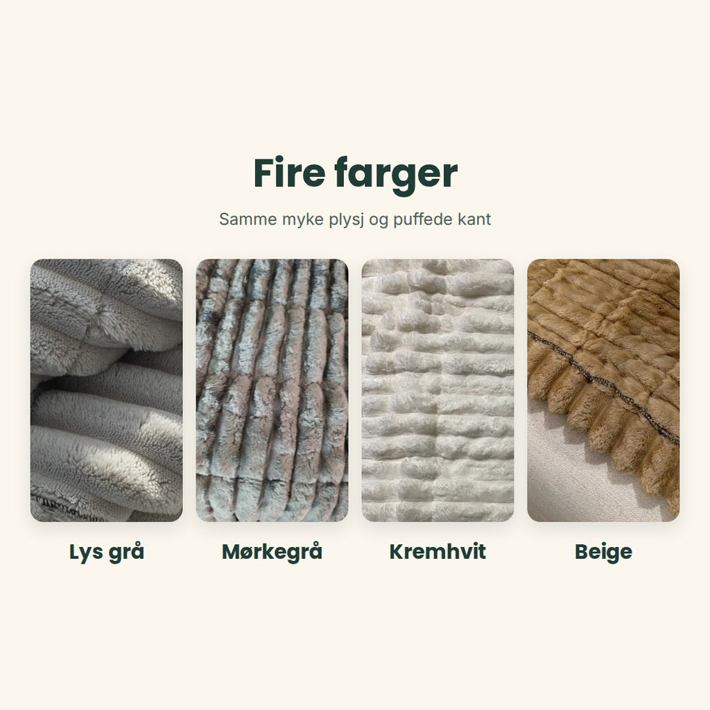 Kosla i fire farger: lys grå, mørkegrå, kremhvit og beige