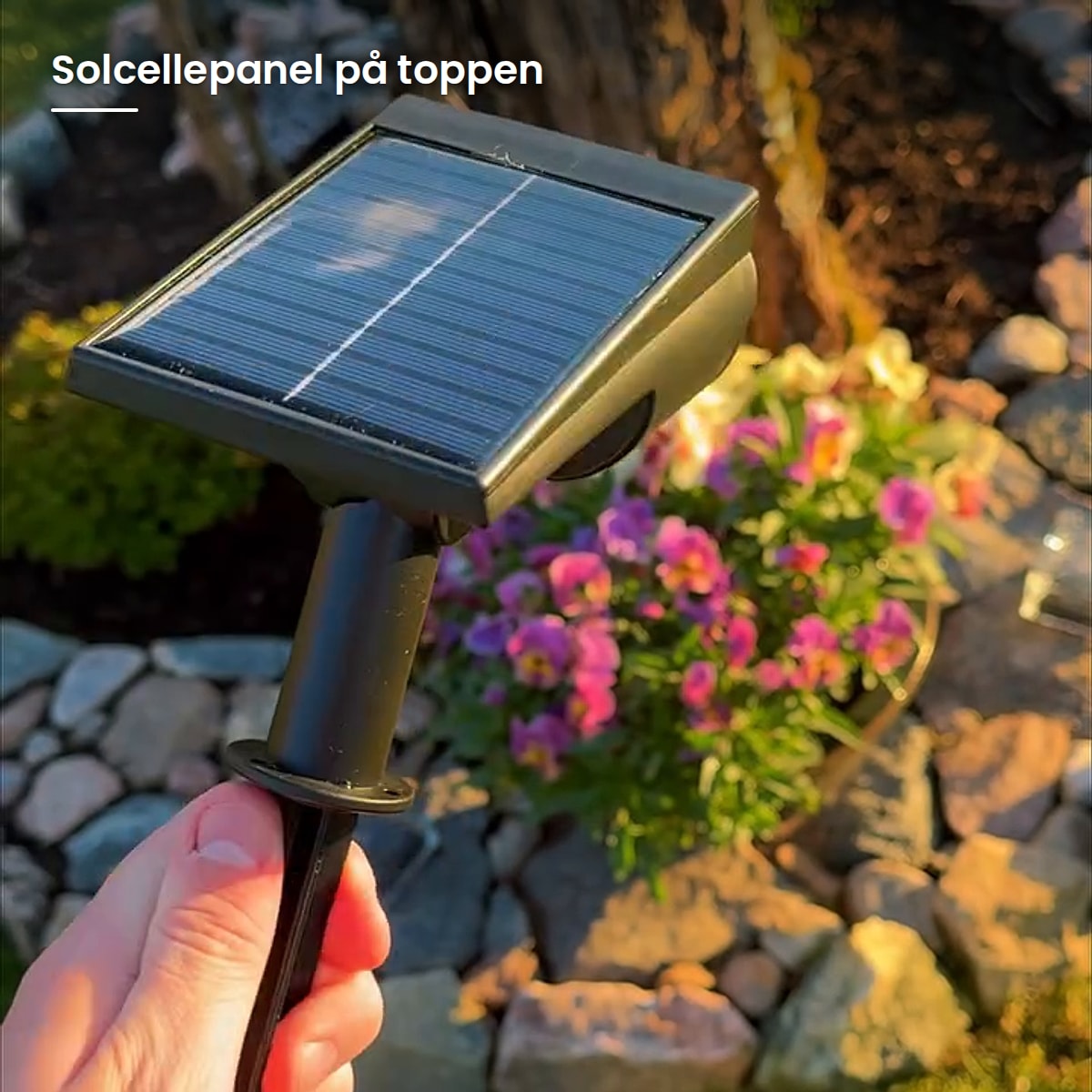 Solcellepanelet på toppen av lampen lader batteriet om dagen