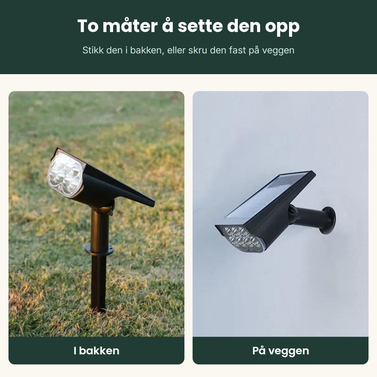 To måter å sette den opp: i bakken eller skrudd fast på veggen