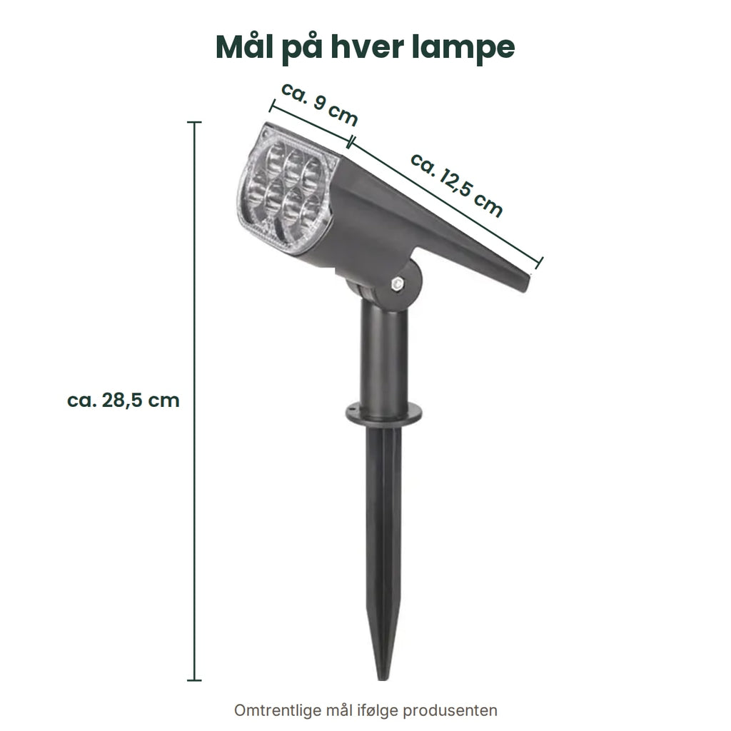 Mål på lampen: ca. 28,5 cm høy med spyd, lampehodet ca. 12,5 × 9 cm