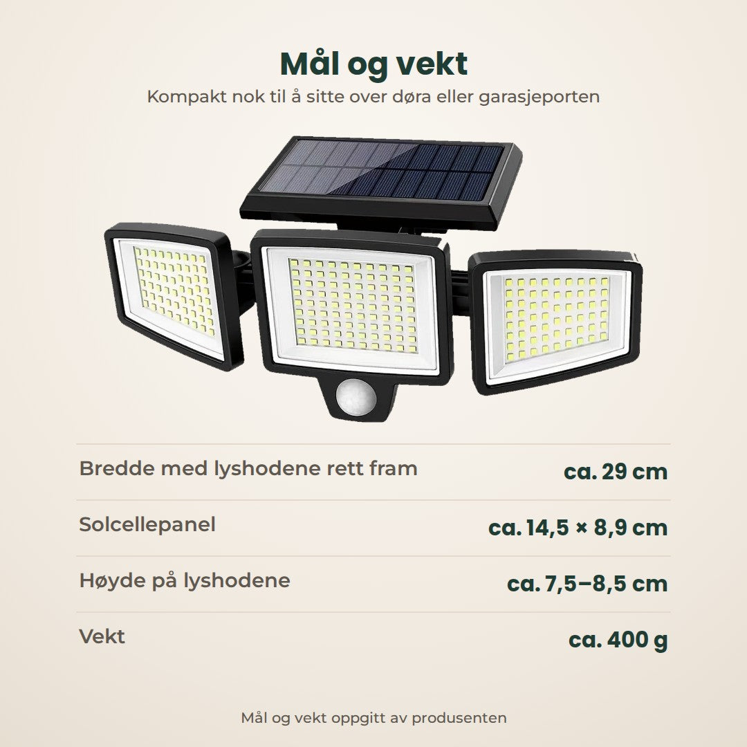 Mål og vekt: ca. 29 cm bred med lyshodene rett fram, solcellepanel ca. 14,5 × 8,9 cm, vekt ca. 400 g, ifølge produsenten