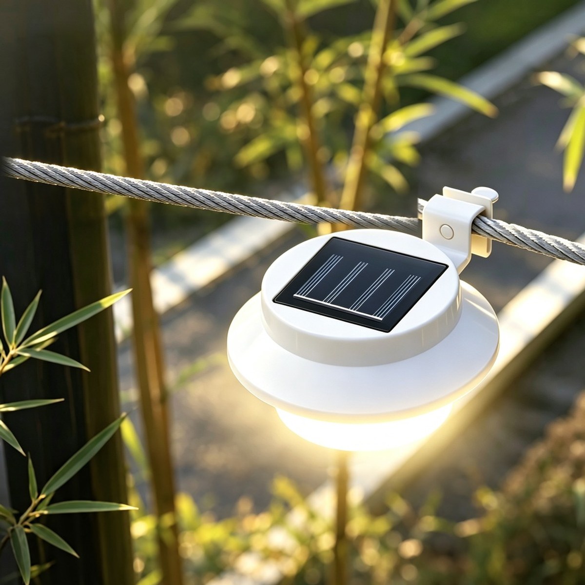 Hvit solcellelampe som lyser med varmt lys, festet på en stålwire i hagen
