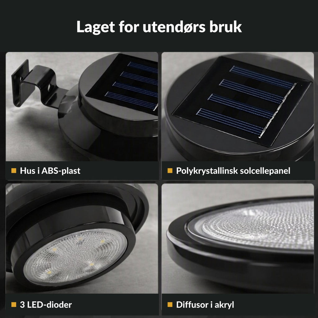 Hus i ABS-plast, polykrystallinsk solcellepanel, 3 LED-dioder og diffusor i akryl