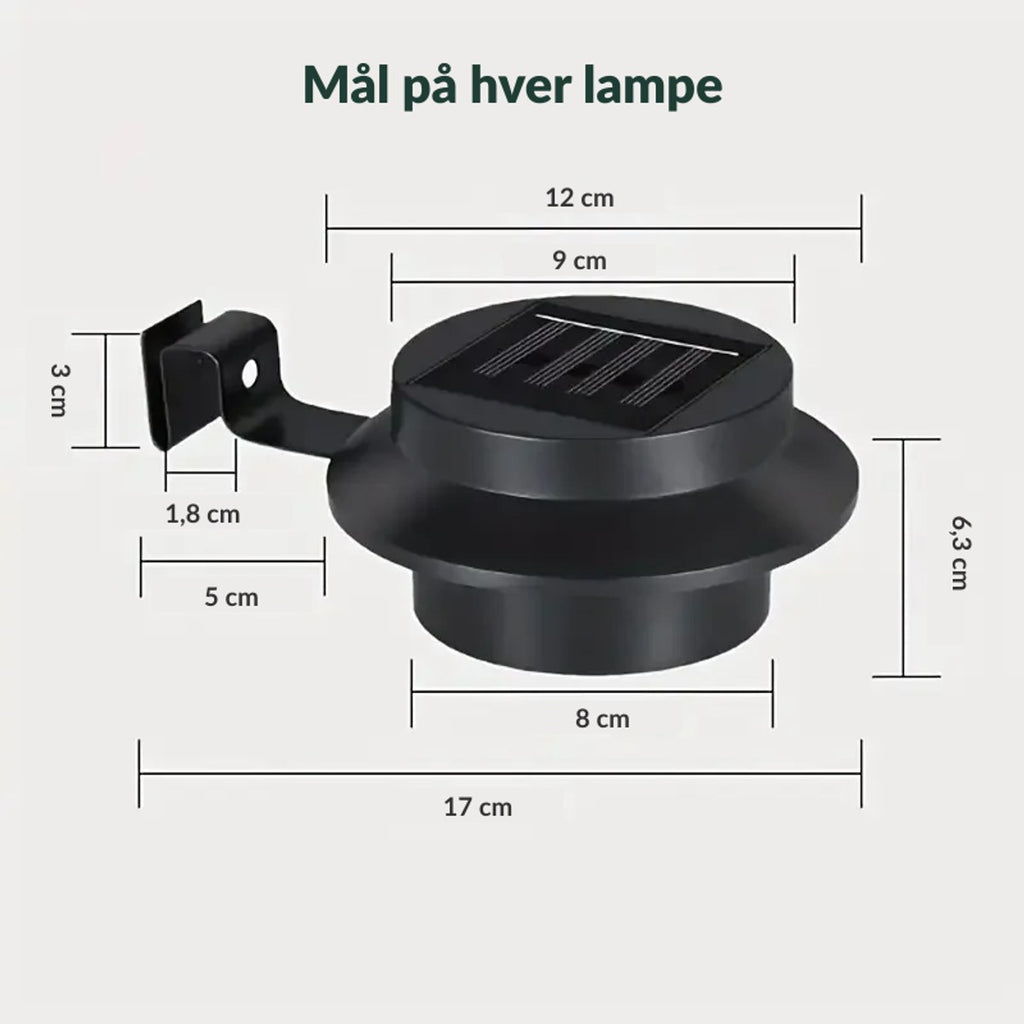 Mål på hver lampe: ca. 17 cm med brakett, 12 cm i diameter og 6,3 cm høy