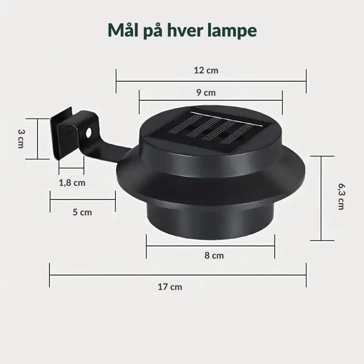 Mål på hver lampe: ca. 17 cm med brakett, 12 cm i diameter og 6,3 cm høy