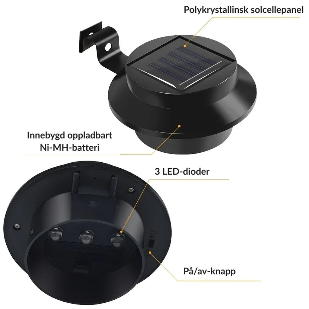Undersiden av lampen: 3 LED-dioder, oppladbart Ni-MH-batteri og på/av-knapp
