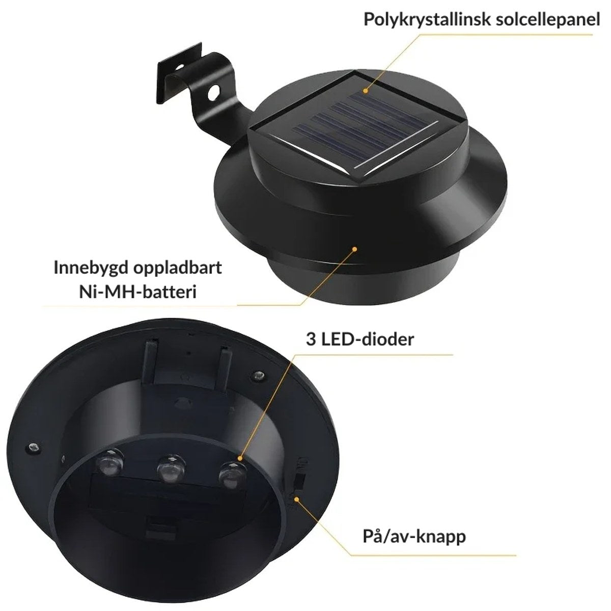 Undersiden av lampen: 3 LED-dioder, oppladbart Ni-MH-batteri og på/av-knapp