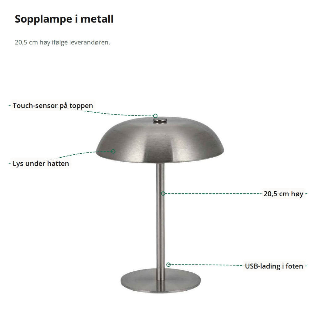 Sopplampen merket med touch-sensor på toppen, 20,5 cm høyde, lys under hatten og USB-lading i foten