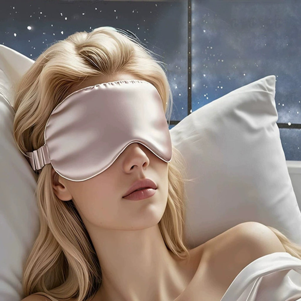 Kvinne som sover med sovemasken på i en seng med hvite puter