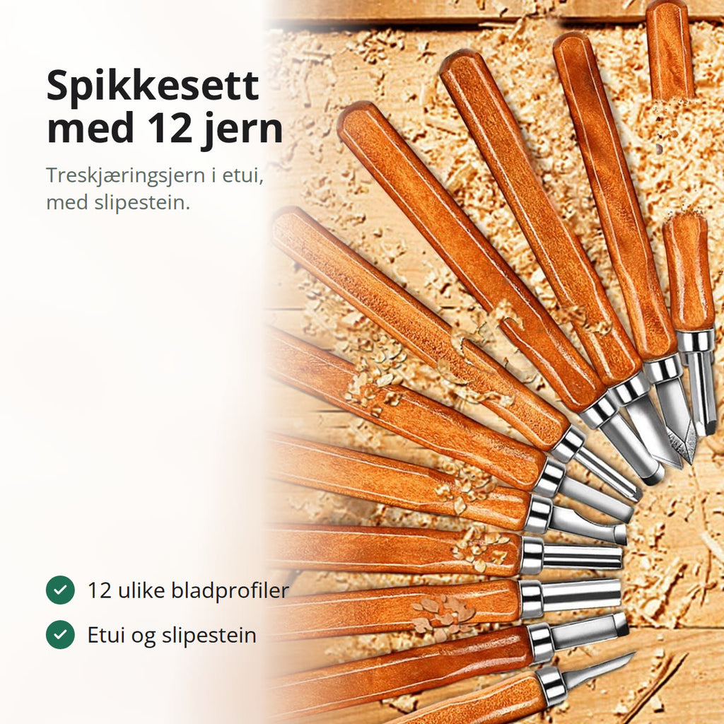 Spikkesett med 12 treskjæringsjern med trehåndtak lagt i vifte på treflis