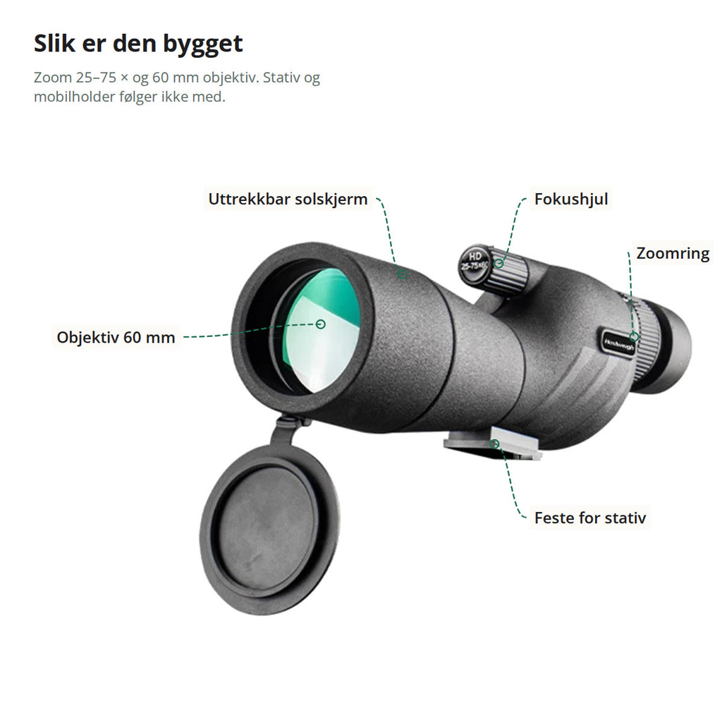 Spottingscopet merket med objektiv på 60 mm, uttrekkbar solskjerm, fokushjul, zoomring og feste for stativ