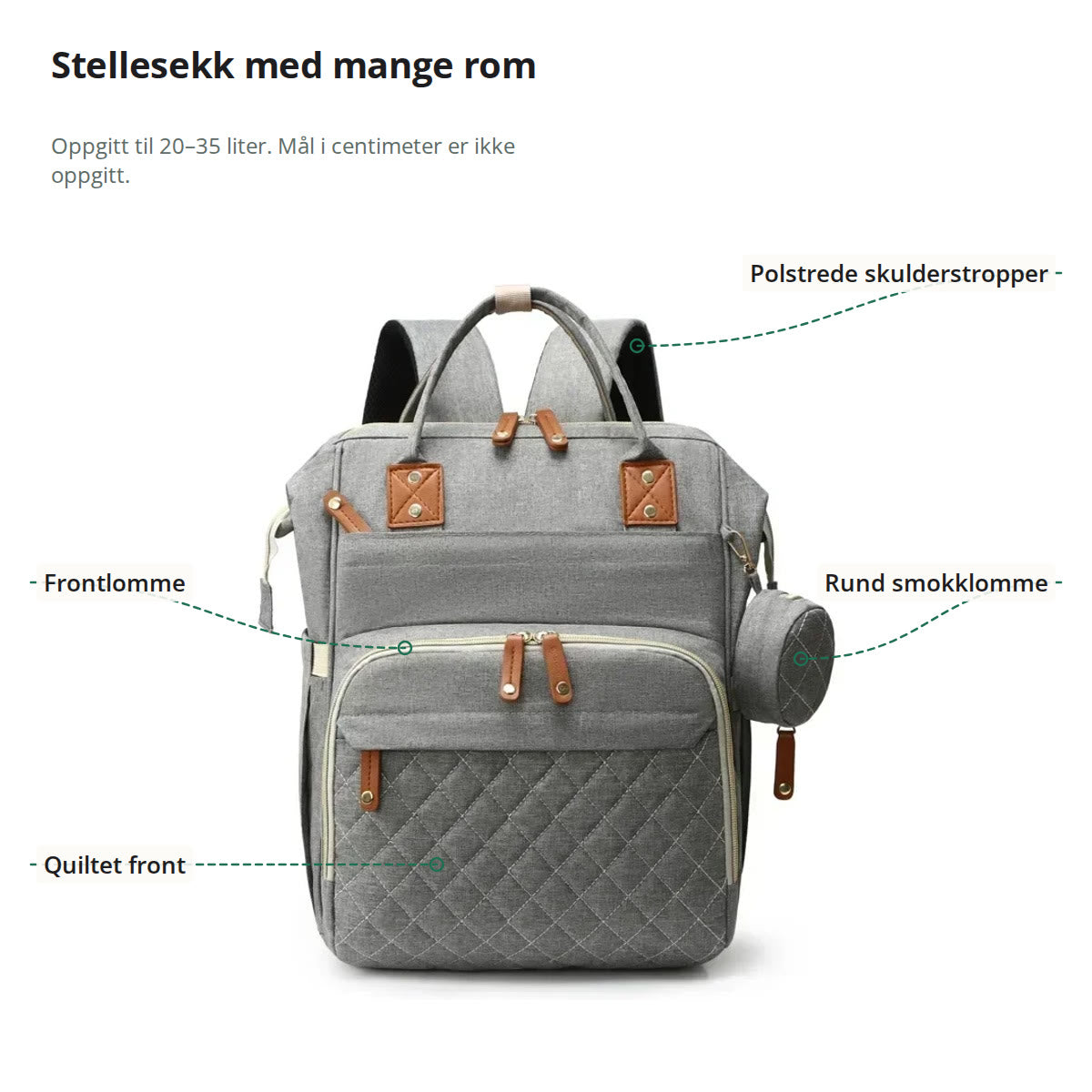 Stellesekken merket med polstrede skulderstropper, rund smokklomme, frontlomme med glidelås og quiltet front