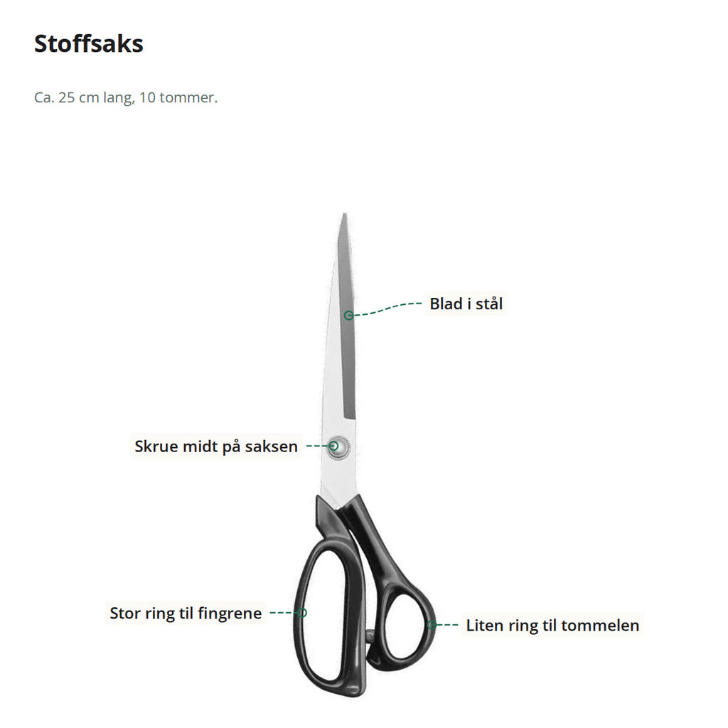 Stoffsaks merket med blad i stål, skrue midt på saksen, stor ring til fingrene og liten ring til tommelen