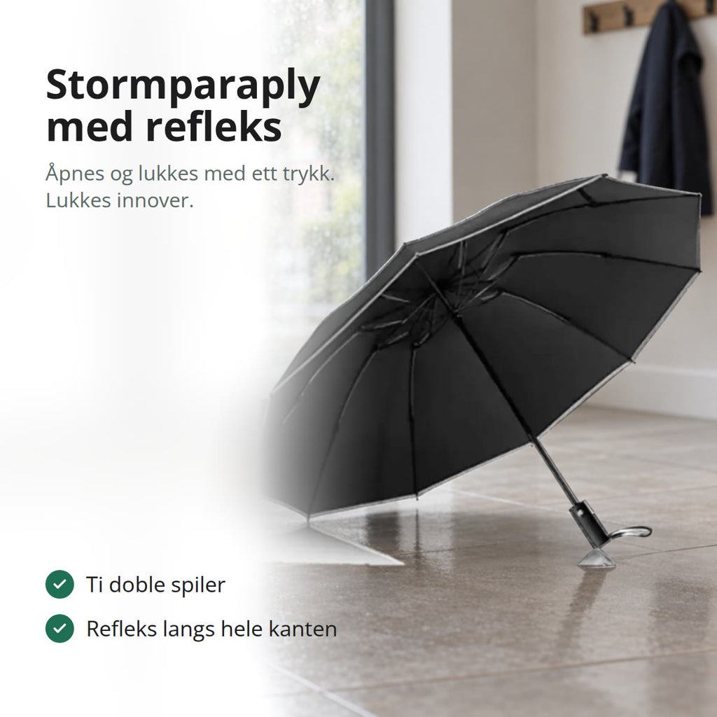 Svart stormparaply med refleks langs kanten, åpen på gulvet i en gang