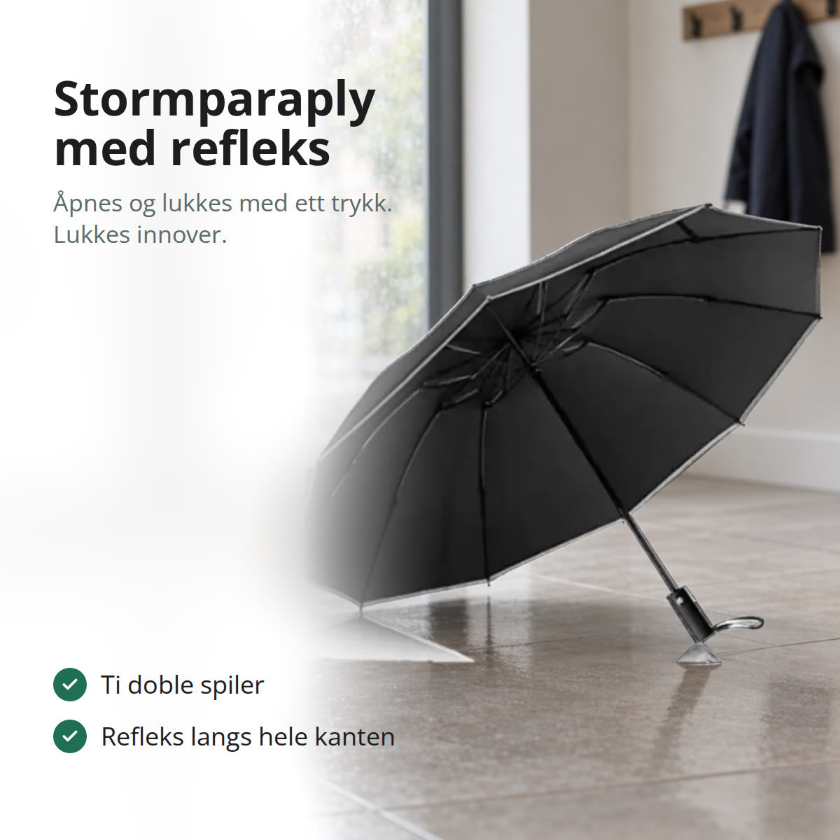 Svart stormparaply med refleks langs kanten, åpen på gulvet i en gang