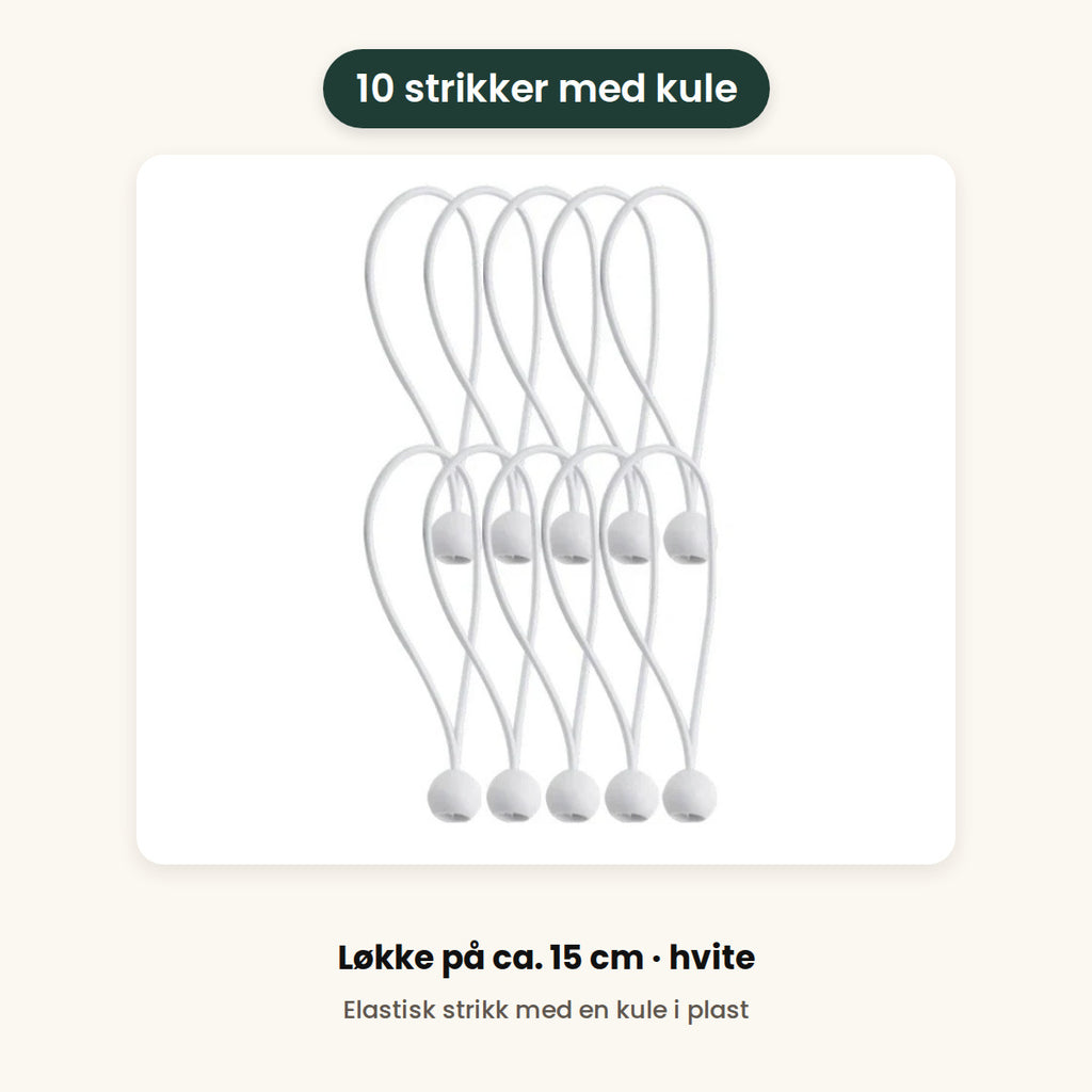 10 hvite strikker med kule, med en løkke på ca. 15 cm