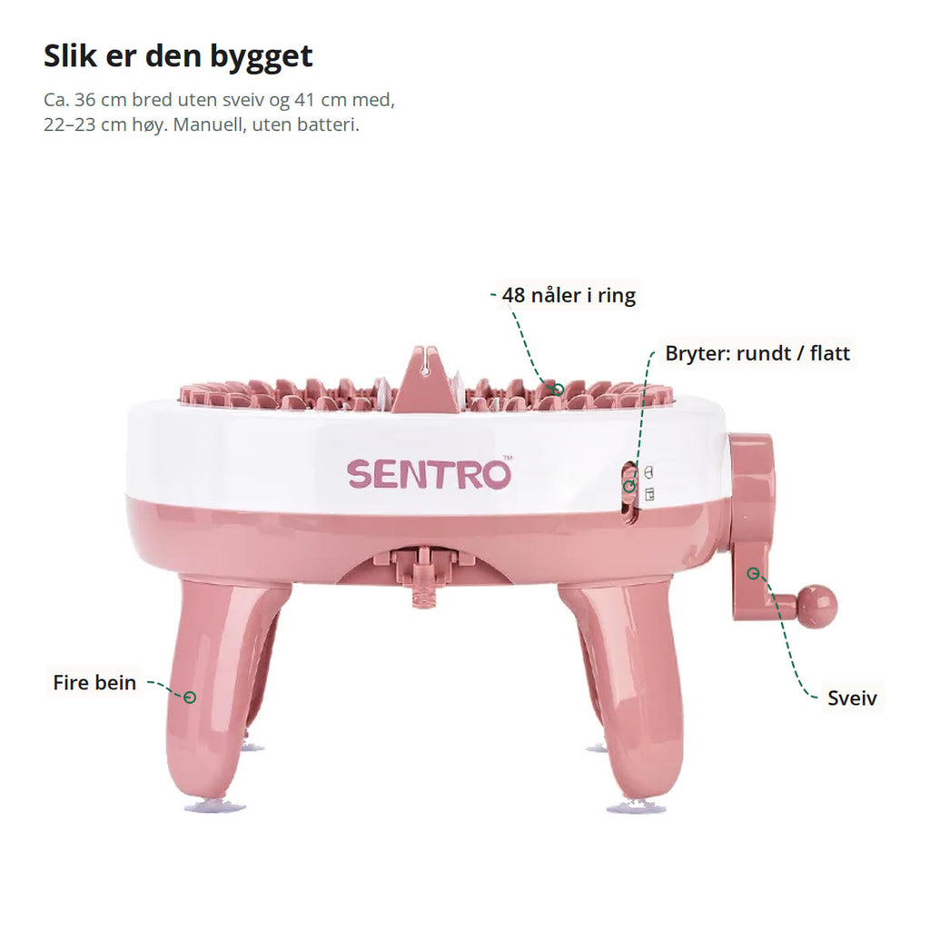 Strikkemaskinen merket med 48 nåler i ring, bryter for rundt eller flatt, sveiv og fire bein