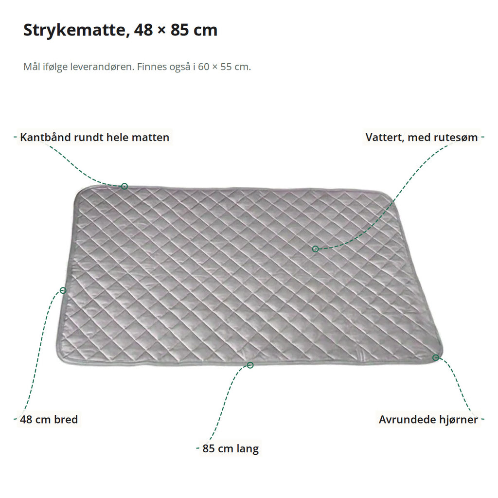 Strykematten på 48 × 85 cm merket med lengde, bredde, vattert overflate med rutesøm, kantbånd og avrundede hjørner