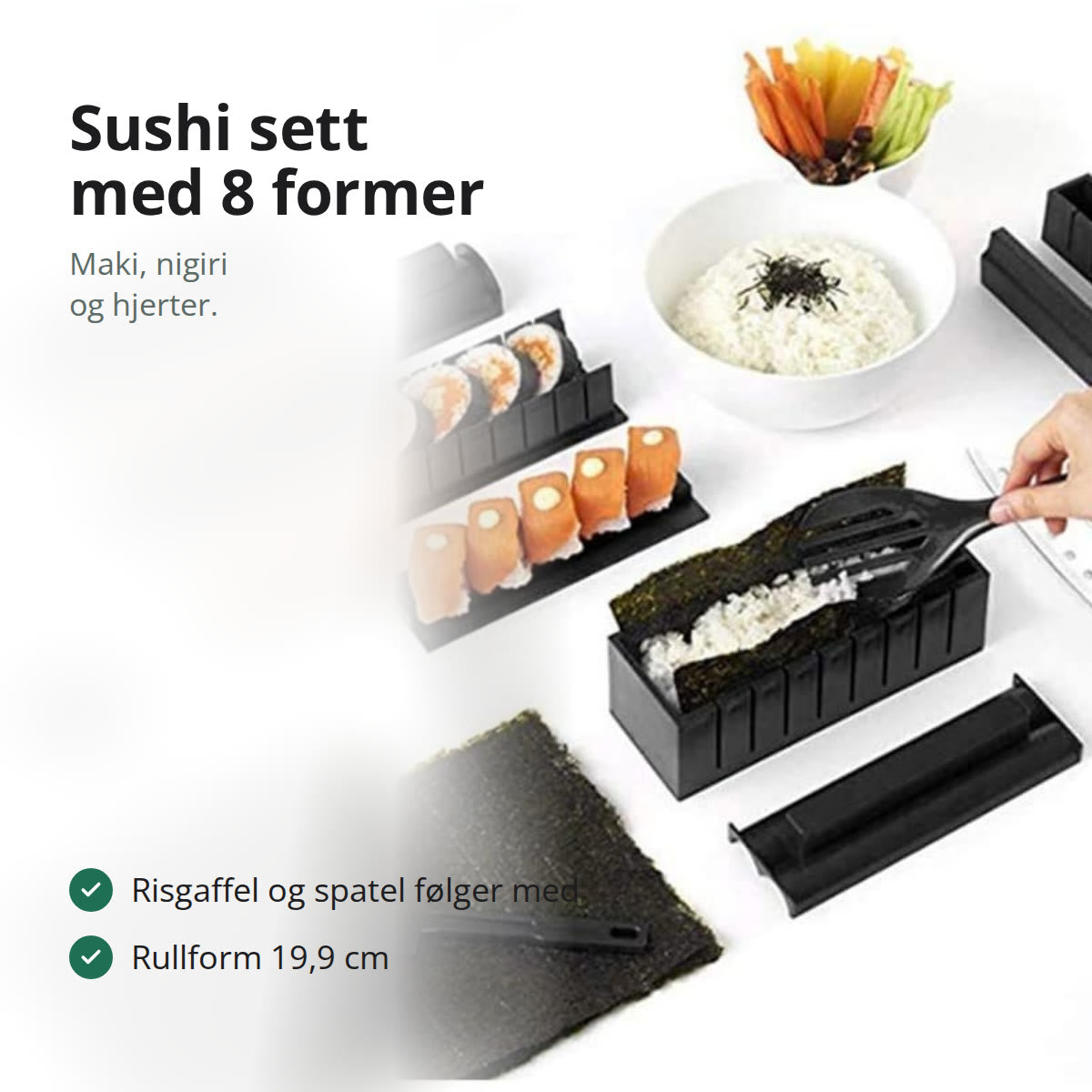 Sushi sett med former, risgaffel og spatel, med nori, ris og ferdig sushi