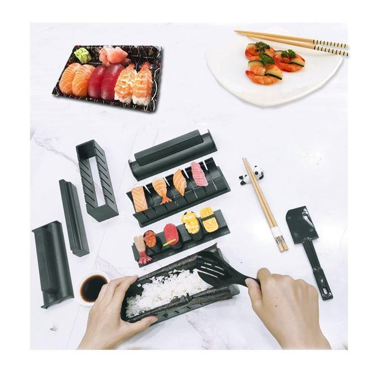 Sushi laget med settet, servert på et fat sammen med formene