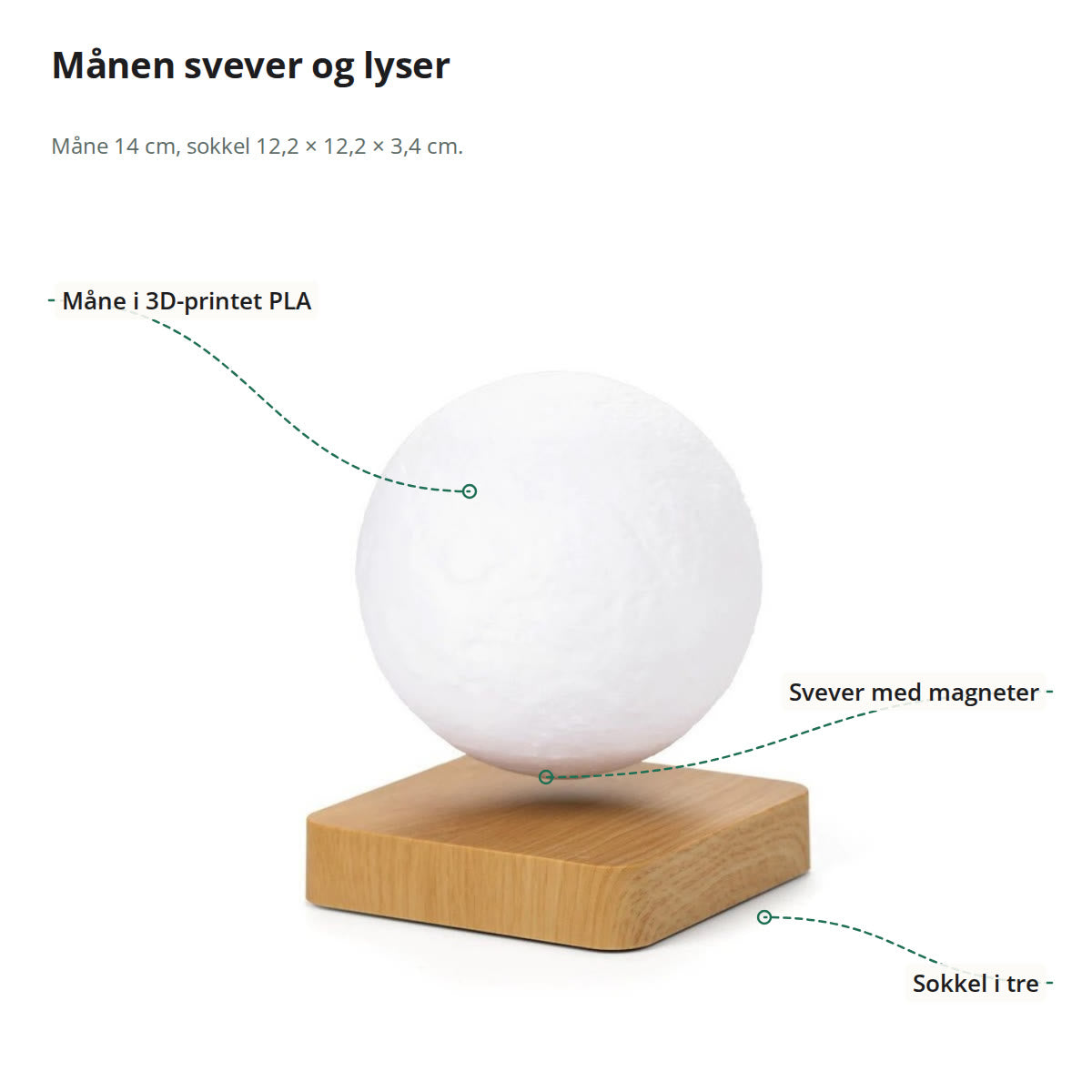 Svevende månelampe merket: måne i 3D-printet PLA, svever med magneter, sokkel i tre