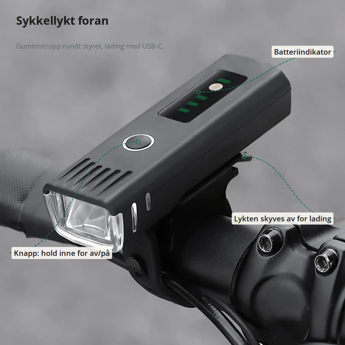 Sykkellykt på styret, merket med knapp, batteriindikator og braketten lykten skyves av