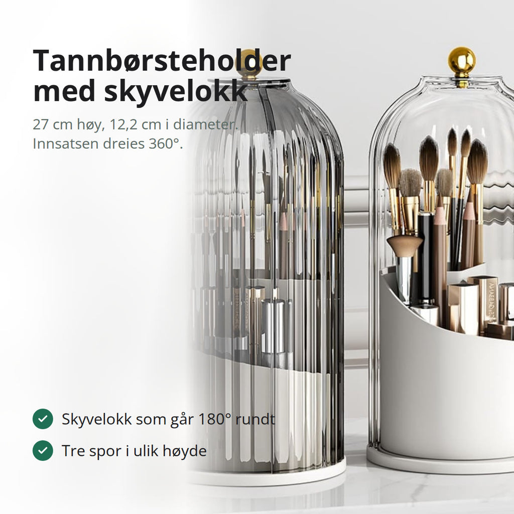 Tannbørsteholder i klar plast med riflet overflate og skyvelokk, stående på en baderomsbenk