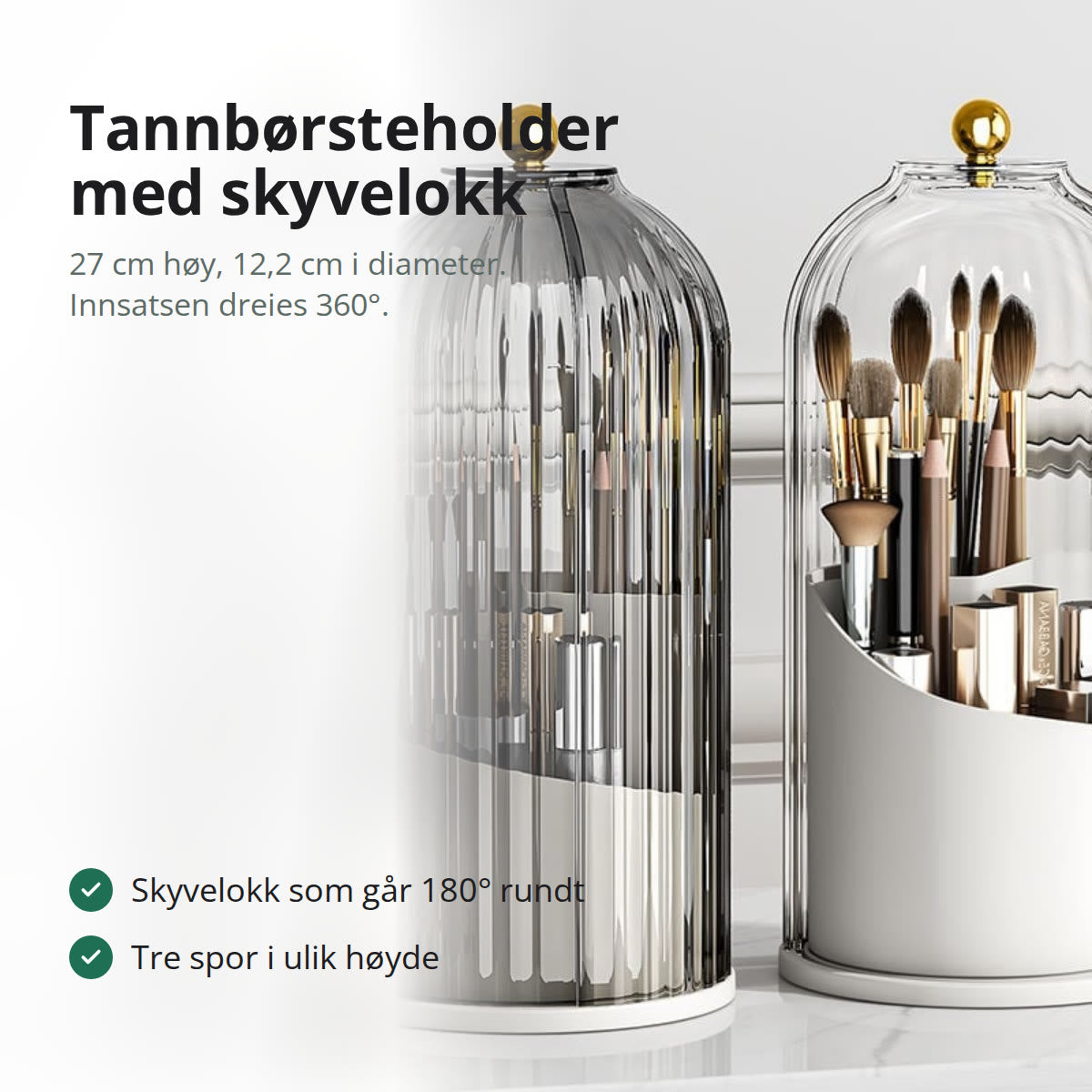 Tannbørsteholder i klar plast med riflet overflate og skyvelokk, stående på en baderomsbenk