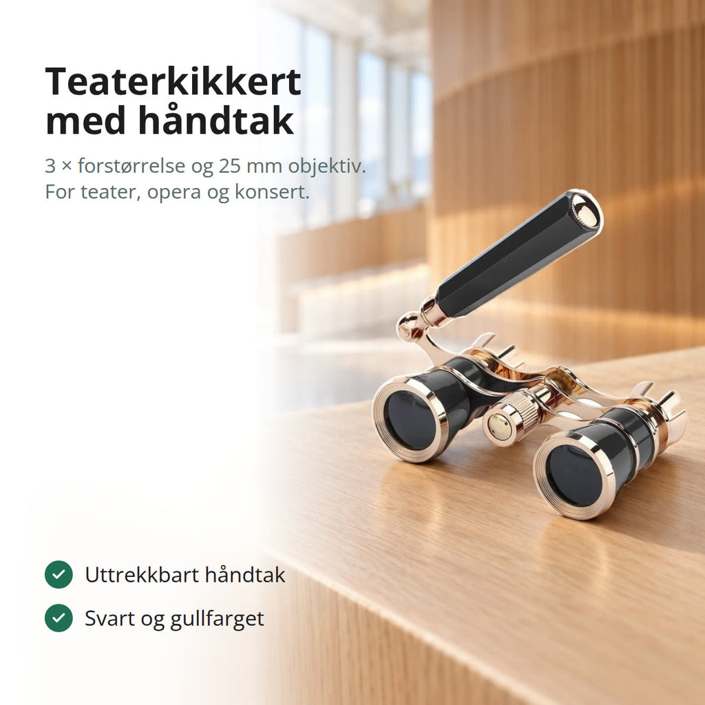Svart teaterkikkert med gullfargede detaljer og utfelt håndtak, på en kant i lys eik i et lyst foajé med store vinduer