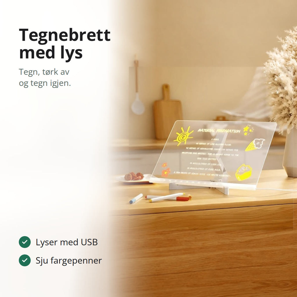 Opplyst tegnebrett i akryl på en kjøkkenbenk