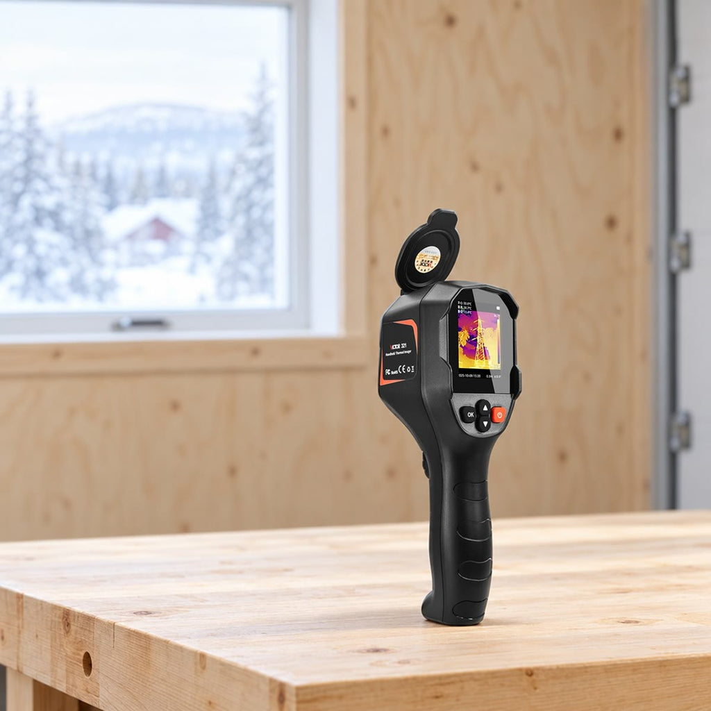 Termisk kamera med åpent linsedeksel på en arbeidsbenk i lyst tre i en garasje, med kryssfinervegg og et vindu mot snø