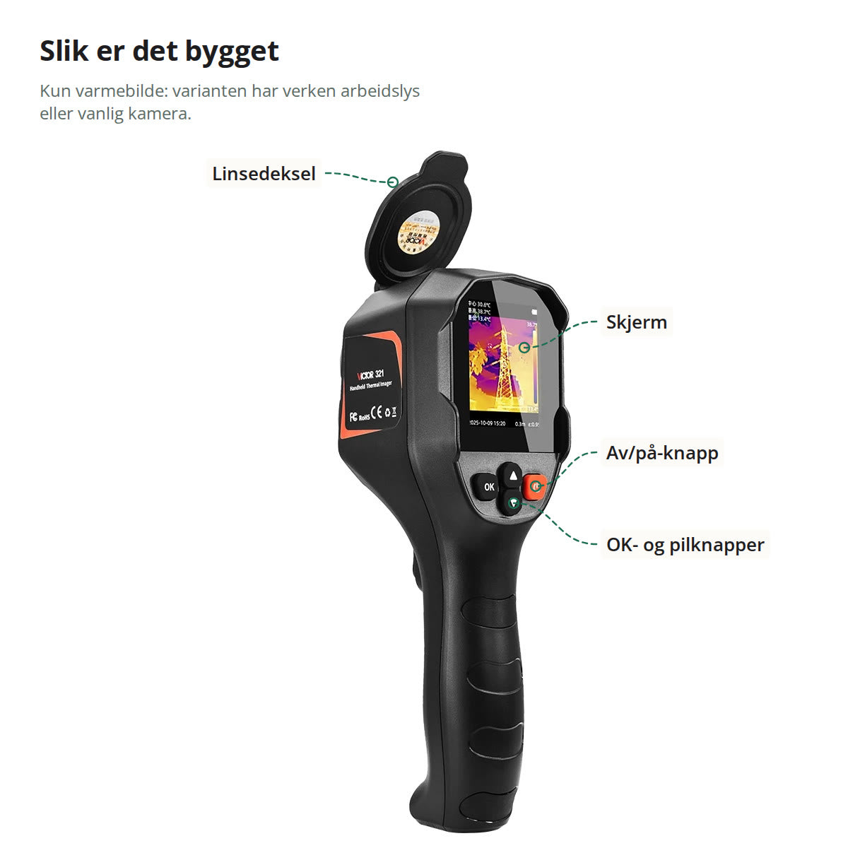 Termisk kamera merket med linsedeksel, skjerm, av/på-knapp og OK- og pilknapper