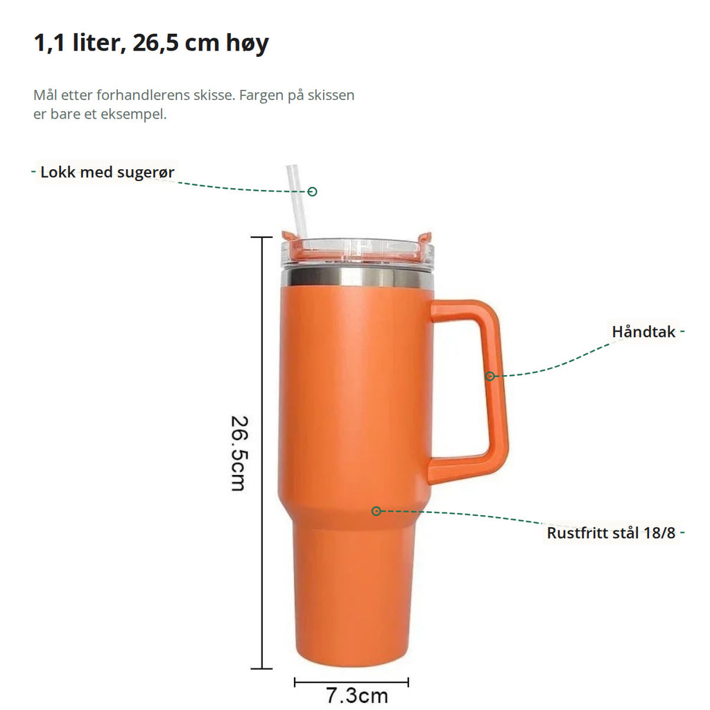 Termokopp merket: lokk med sugerør, håndtak og rustfritt stål 18/8, med mål 26,5 cm og 7,3 cm