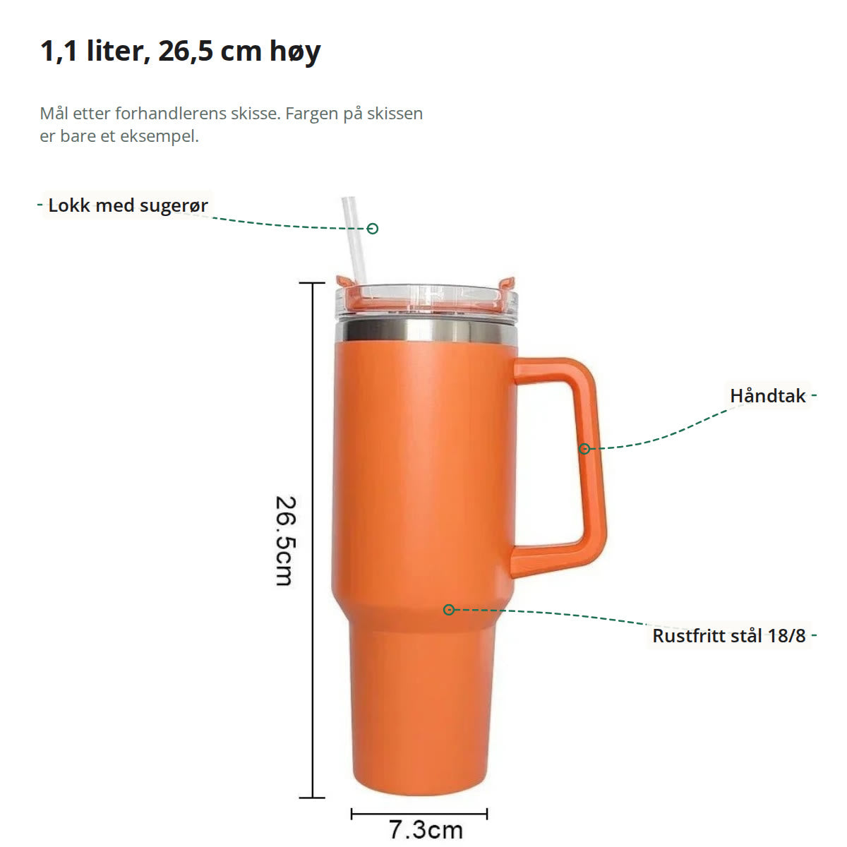 Termokopp merket: lokk med sugerør, håndtak og rustfritt stål 18/8, med mål 26,5 cm og 7,3 cm