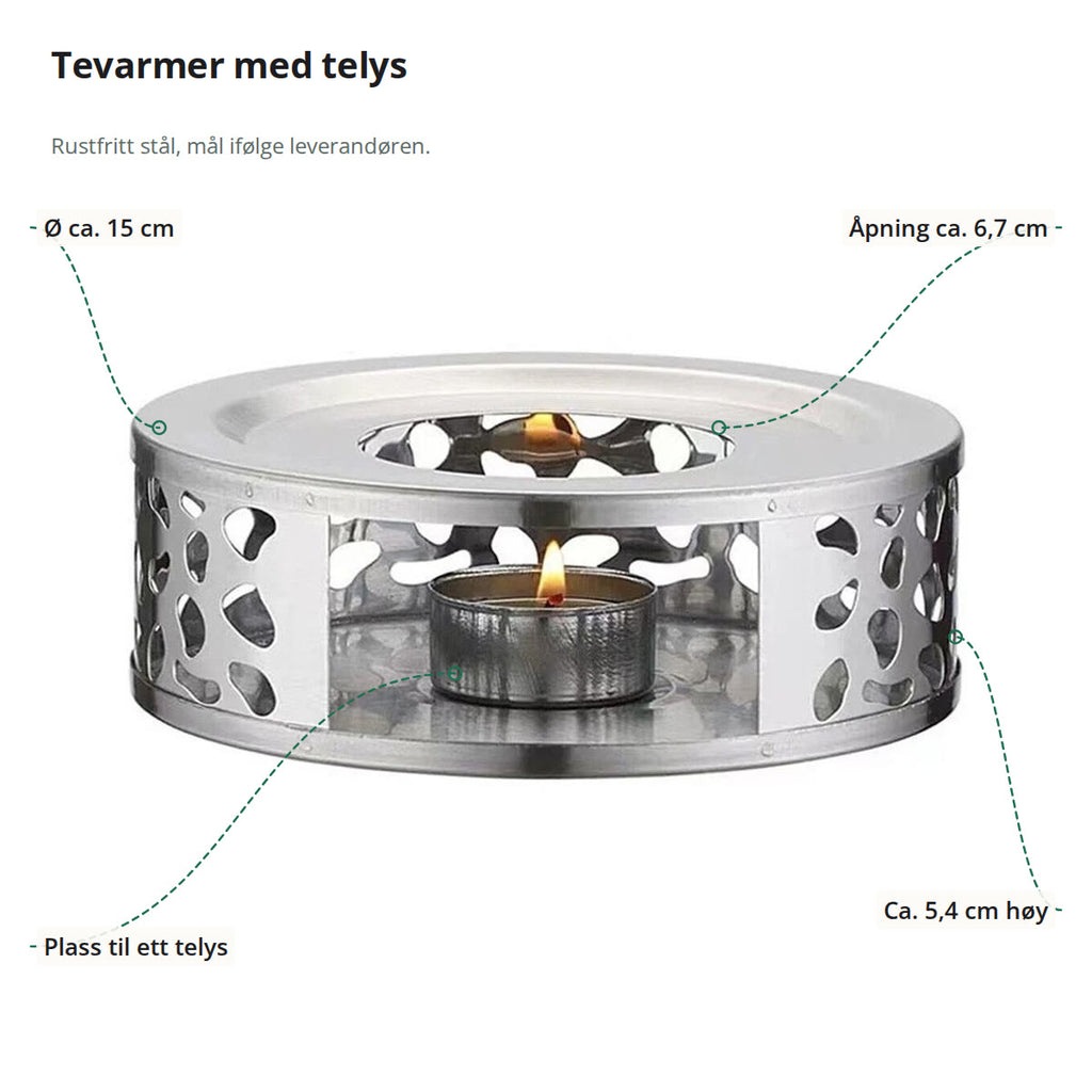 Tevarmer i rustfritt stål med tent telys, merket med diameter, åpning på toppen, høyde og plassen til telyset