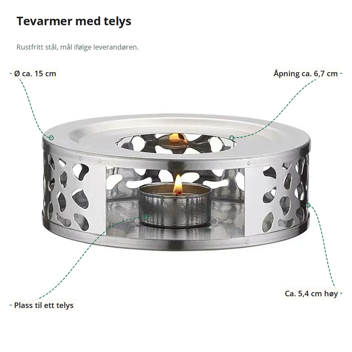 Tevarmer i rustfritt stål med tent telys, merket med diameter, åpning på toppen, høyde og plassen til telyset