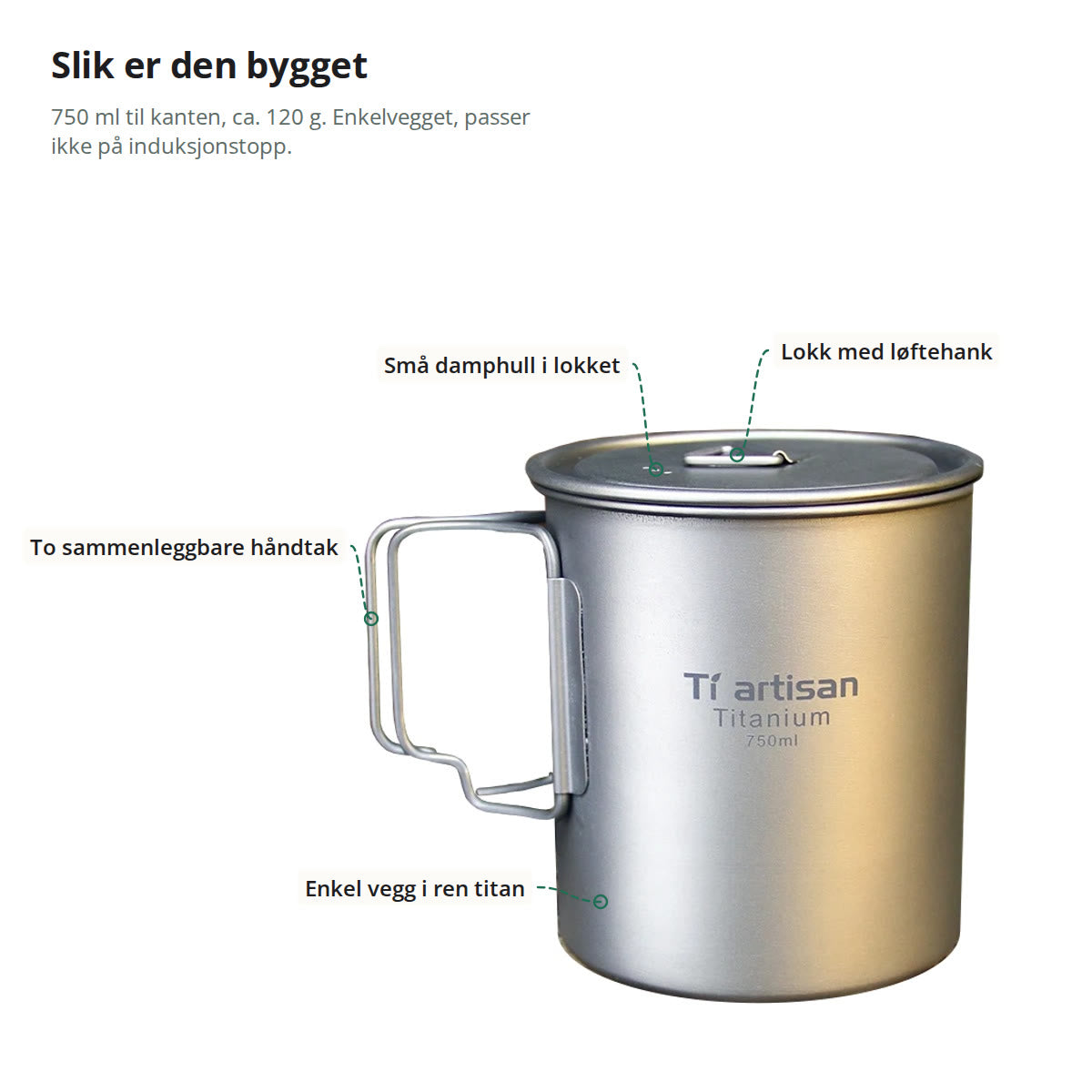 Titankjelen merket med lokk med løftehank, små damphull i lokket, to sammenleggbare håndtak og enkel vegg i ren titan
