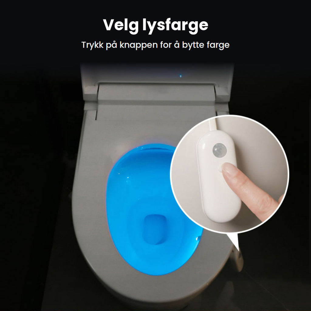 Toalettskåla lyser blått, og en finger trykker på knappen for å bytte farge