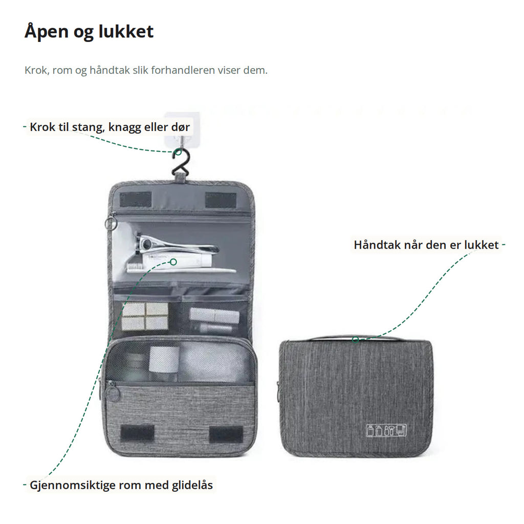 Den grå toalettmappen åpen og lukket, merket: krok, gjennomsiktige rom med glidelås og håndtak