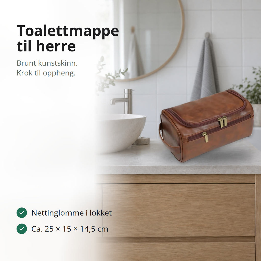 Brun toalettmappe til herre i kunstskinn på en baderomsbenk