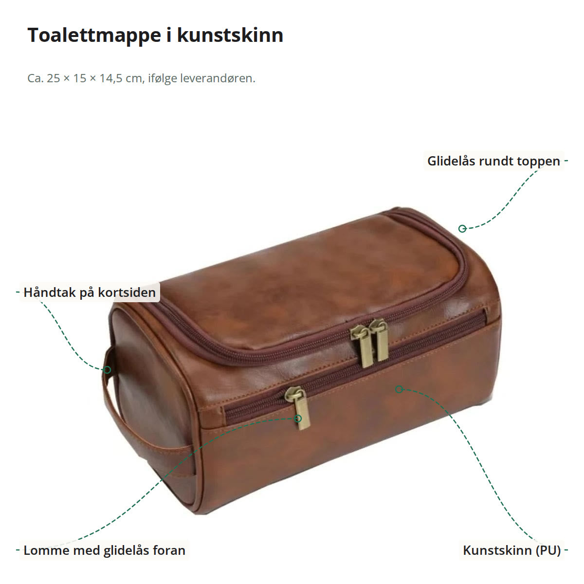 Toalettmappe til herre merket med glidelås rundt toppen, håndtak, lomme foran og kunstskinn