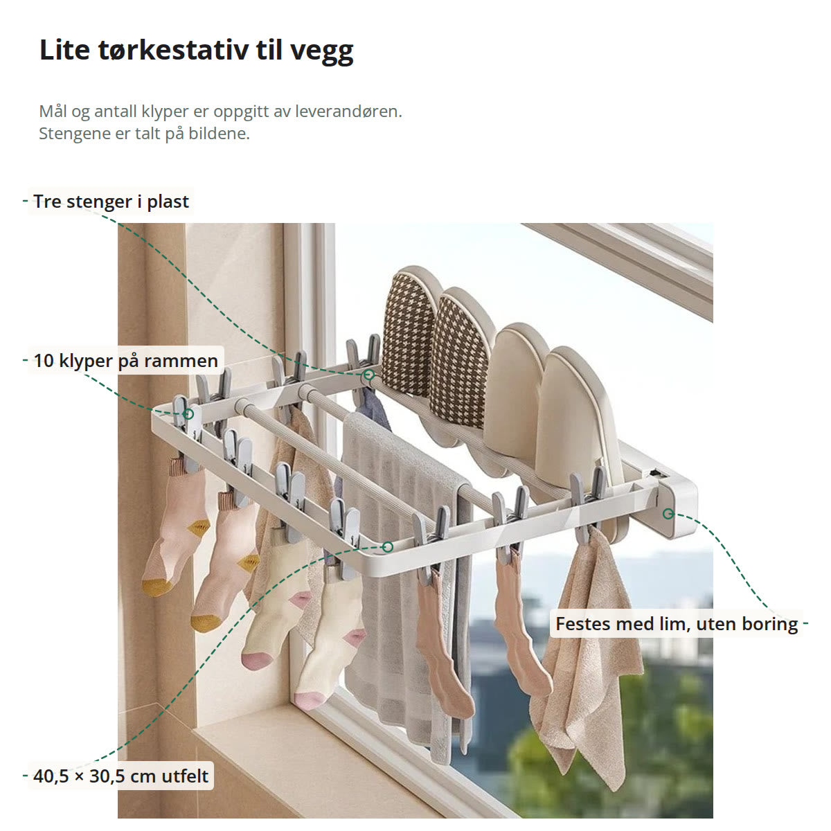 Tørkestativet merket med tre stenger i plast, 10 klyper på rammen, limfeste uten boring og mål på 40,5 × 30,5 cm