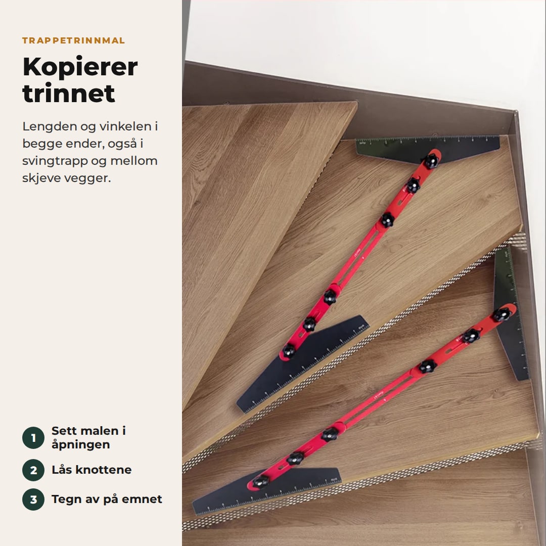Trappetrinnmalen lagt på trinnene i en svingtrapp: kopierer lengden og vinkelen i begge ender