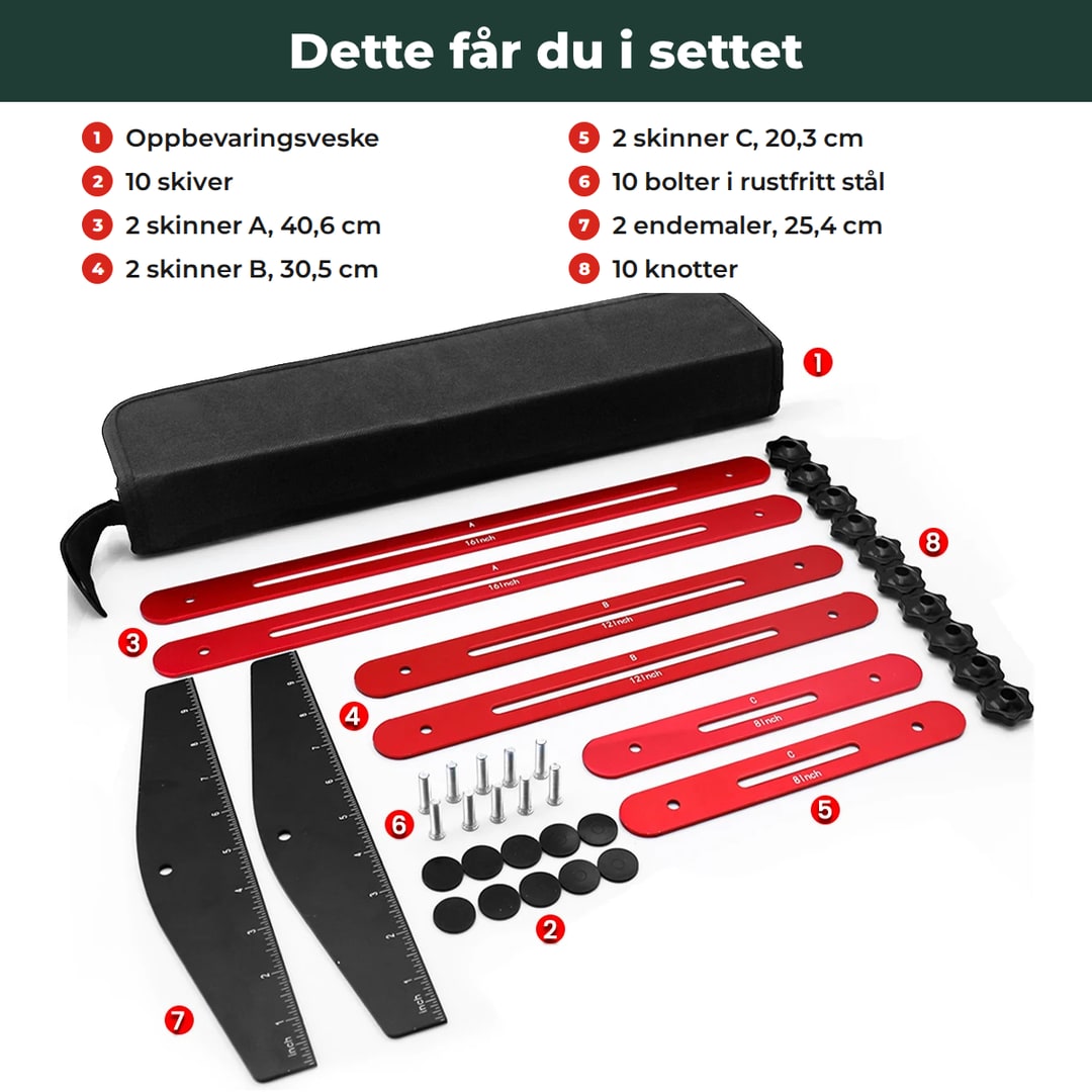 Dette får du i settet: veske, 6 skinner, 2 endemaler, 10 knotter, 10 bolter og 10 skiver