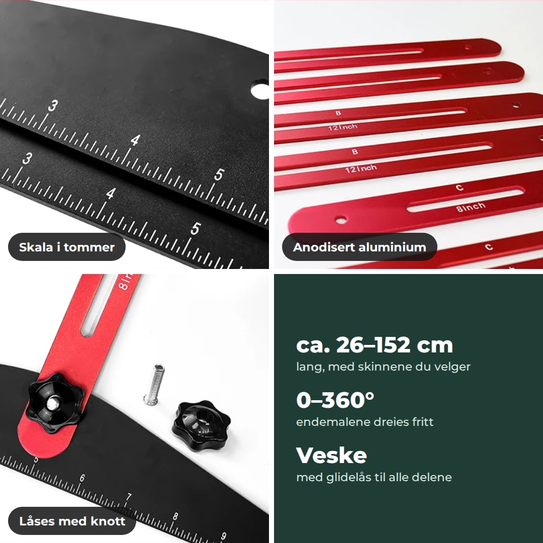 Detaljer: skala i tommer på endemalene, anodiserte skinner i aluminium og knotter som låser delene