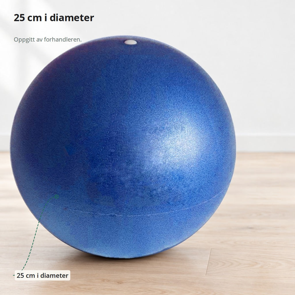 Den blå pilatesballen merket med diameteren på 25 cm